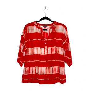 Vince Camuto Red Orange & White Tie Dye Split Neck Blouse Xsmall Women’s